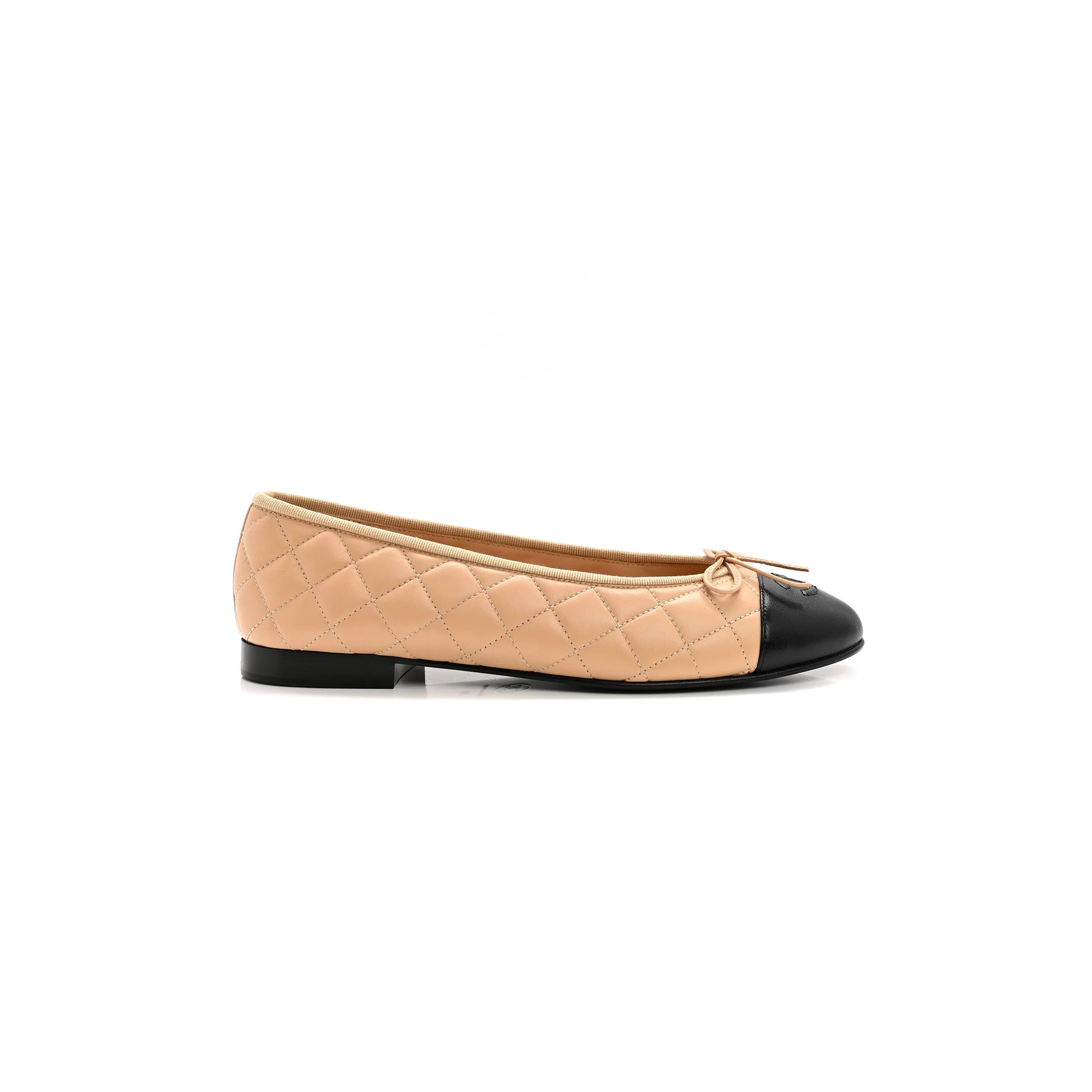 CHANEL LAMBSKIN QUILTED CC CAP TOE BALLERINA FLATS BEIGE BLACK